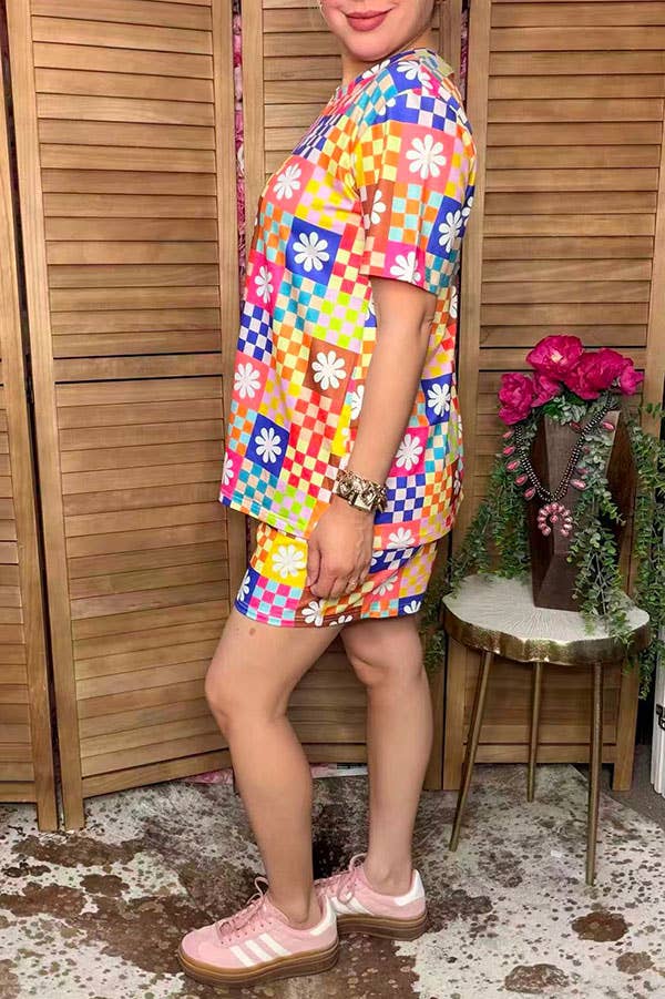 Western patchwork top & shorts women boutique set GJQ17239