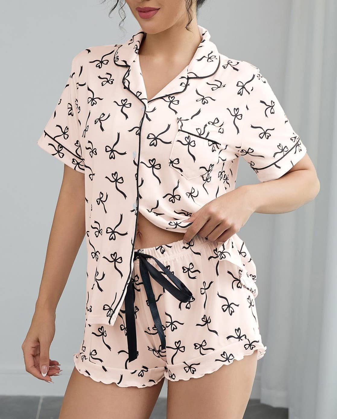 Pink Bow Printed Basic Short-Sleeve Shorts Pajama Set