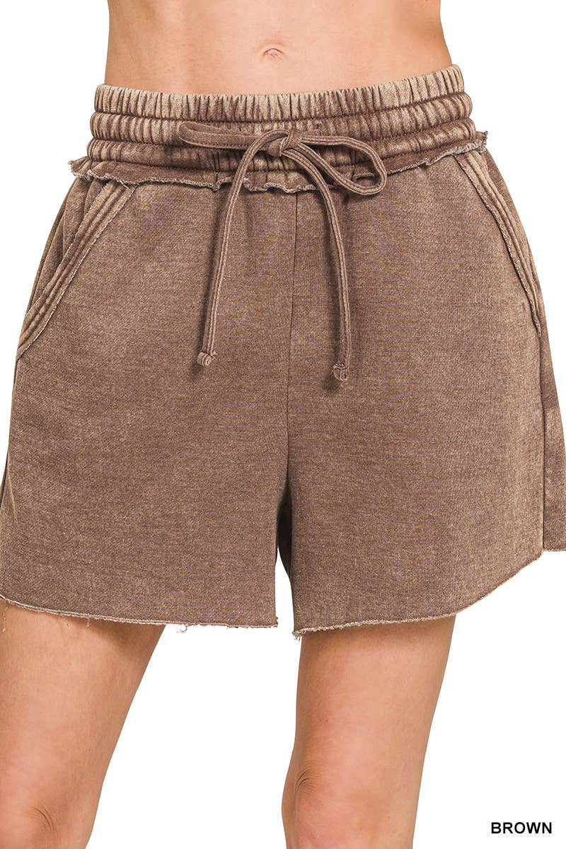 Acid Wash Fleece Drawstring Shorts With Pockets